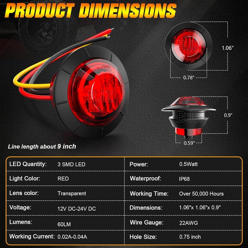 BJZ 3/4" Strobe+Marker Dual Function Trailer LED Side Clearance Tail Griller Flash Lights 12V Brake Stop Turn Signal Warning Waterproof for Trailer Truck Van RV ATV (5 Red, 5 Amber) - Image 5